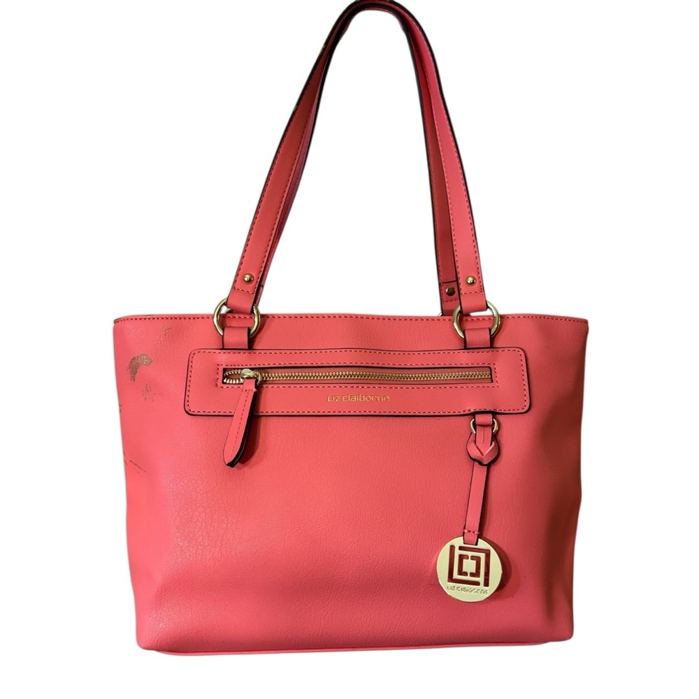 NEW Liz Claiborne Jess Shopper Tote Coral Pink Faux Leather Gold Hardware Paint